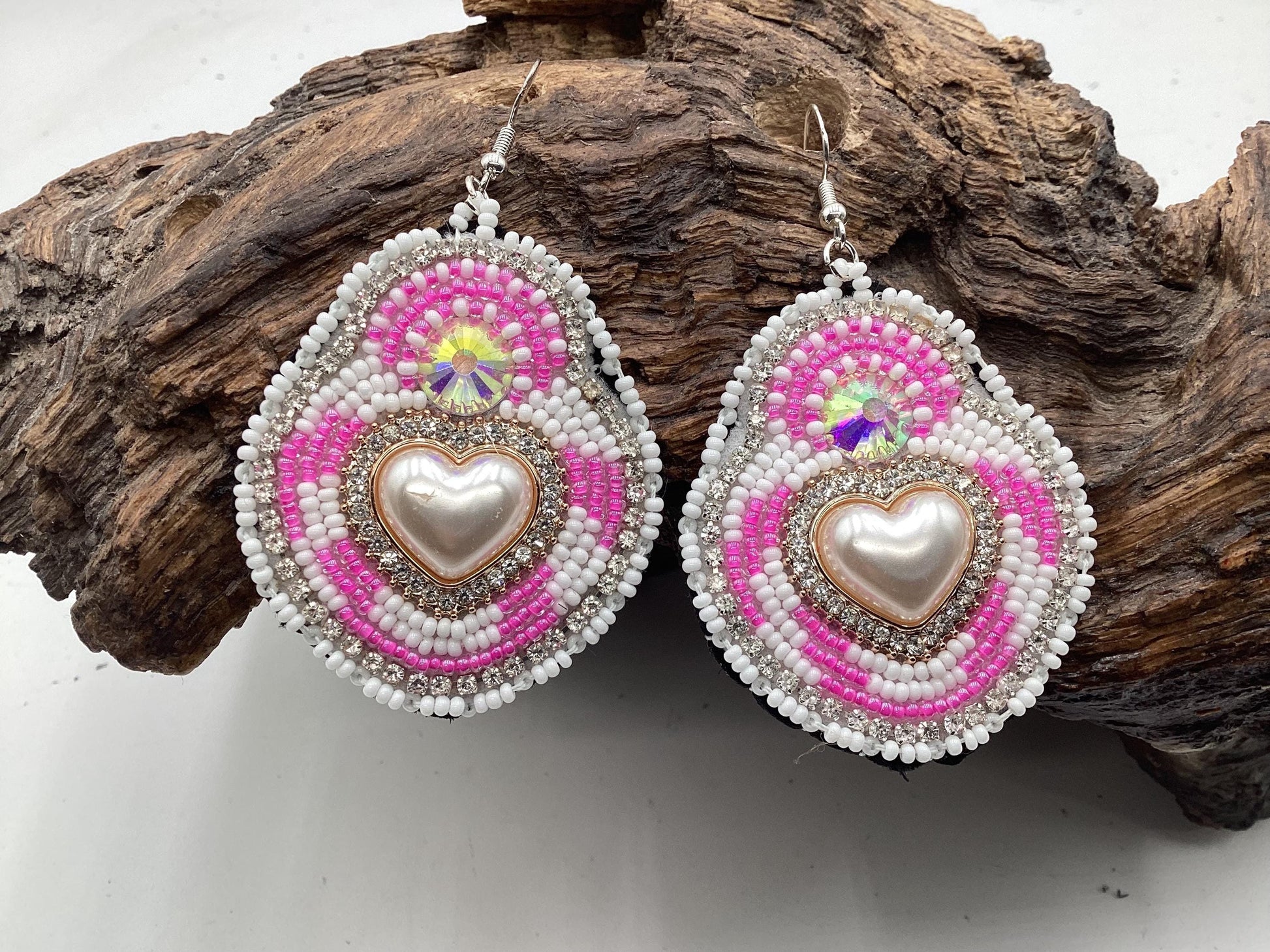 Hand Beaded Pink & White Heart Earrings – Authentic Anishinaabe Beadwork