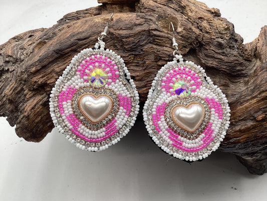 Hand Beaded Pink & White Heart Earrings – Authentic Anishinaabe Beadwork