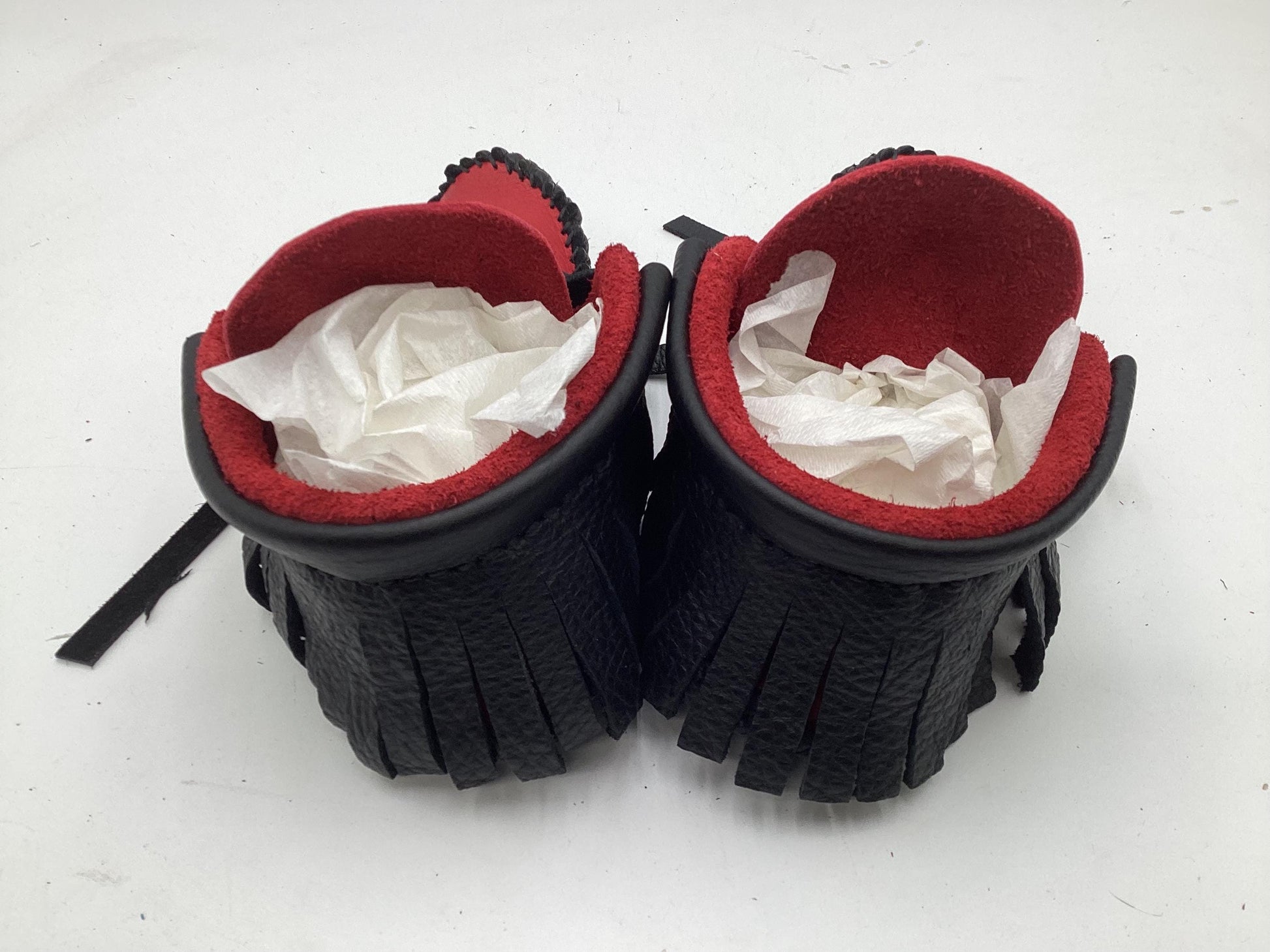 Handmade Red and Black Leather Moccasins – Anishinaabe/Ojibwe Artisan, Size: Small