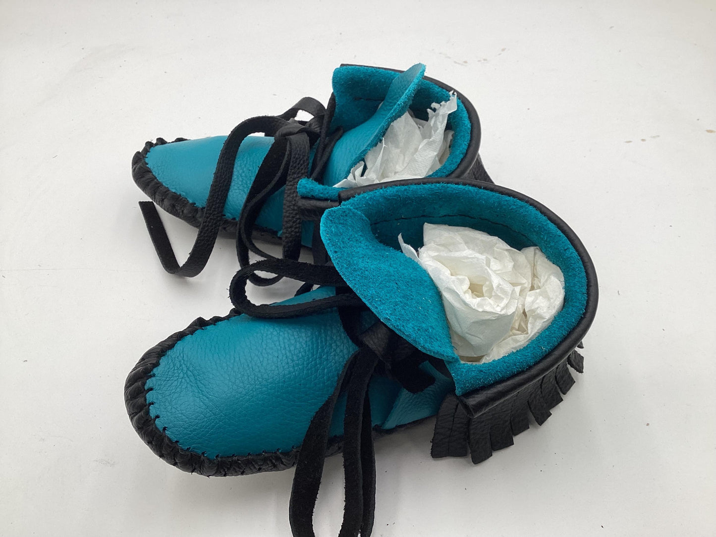 Handmade Black and Blue Leather Moccasins – Anishinaabe/Ojibwe Artisan.