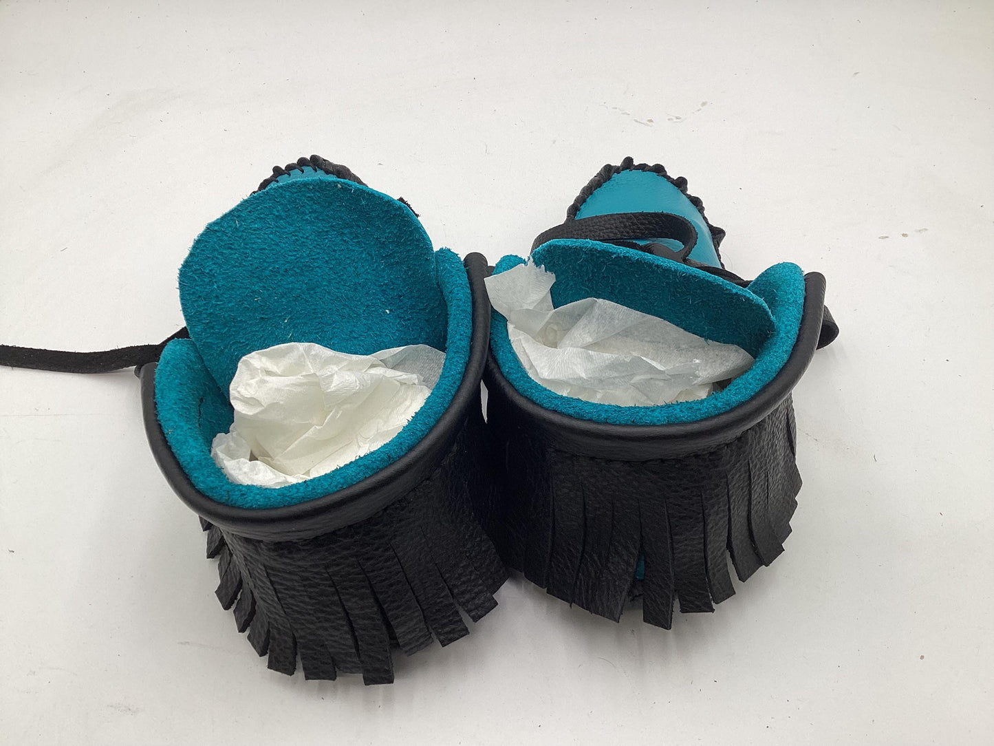 Handmade Black and Blue Leather Moccasins – Anishinaabe/Ojibwe Artisan.