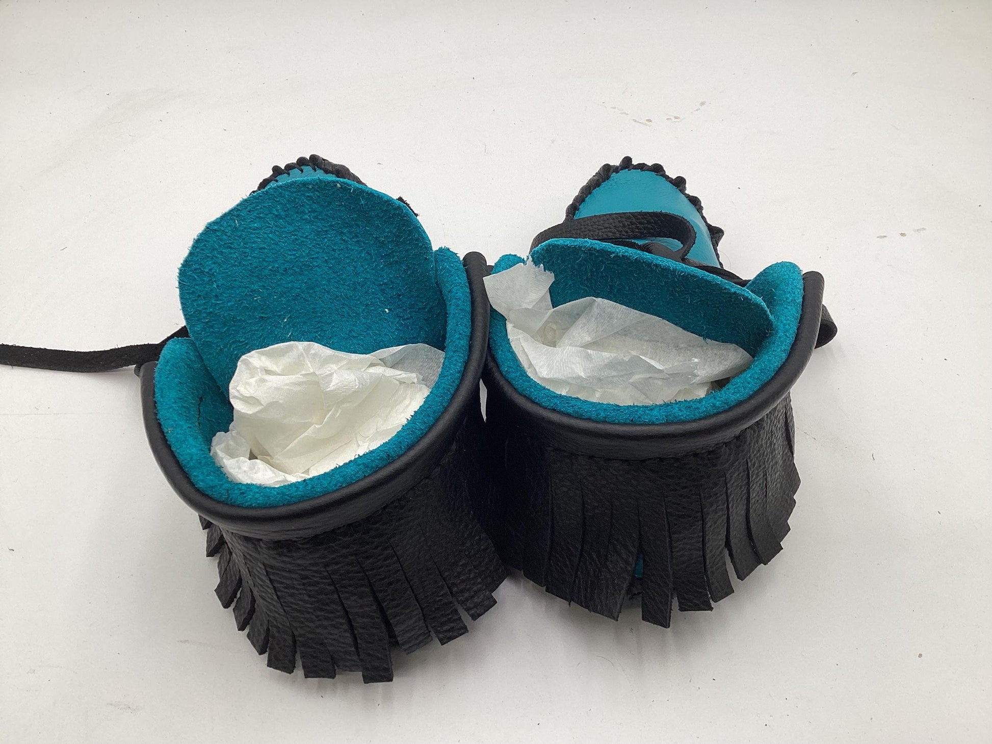 Handmade Black and Blue Leather Moccasins – Anishinaabe/Ojibwe Artisan.