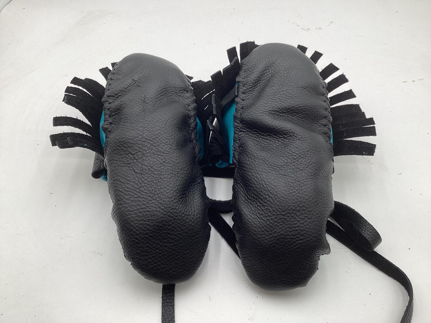 Handmade Black and Blue Leather Moccasins – Anishinaabe/Ojibwe Artisan.