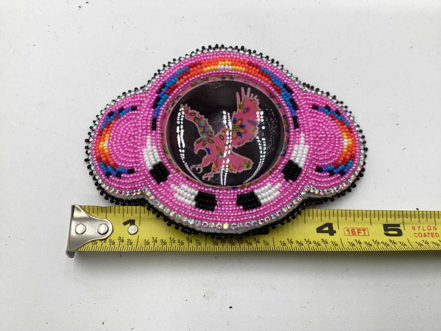 Hand Beaded Pink Migizi Barrette and Earring Set: Anishinaabe Ojibwe Craft