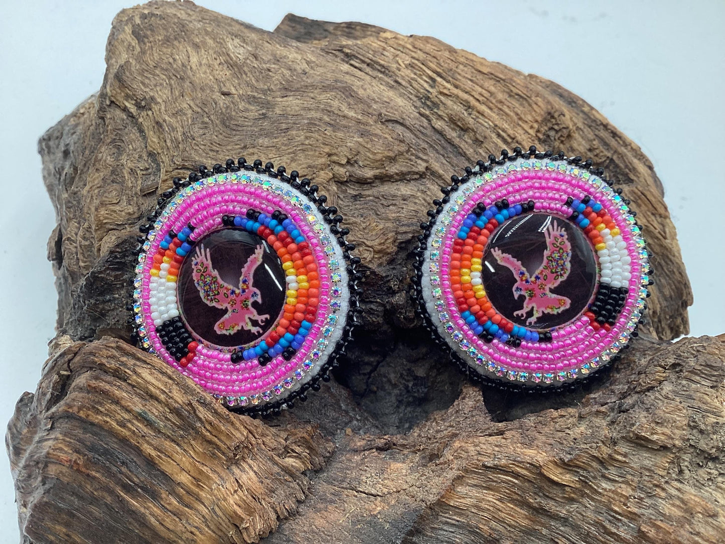 Hand Beaded Pink Migizi Barrette and Earring Set: Anishinaabe Ojibwe Craft