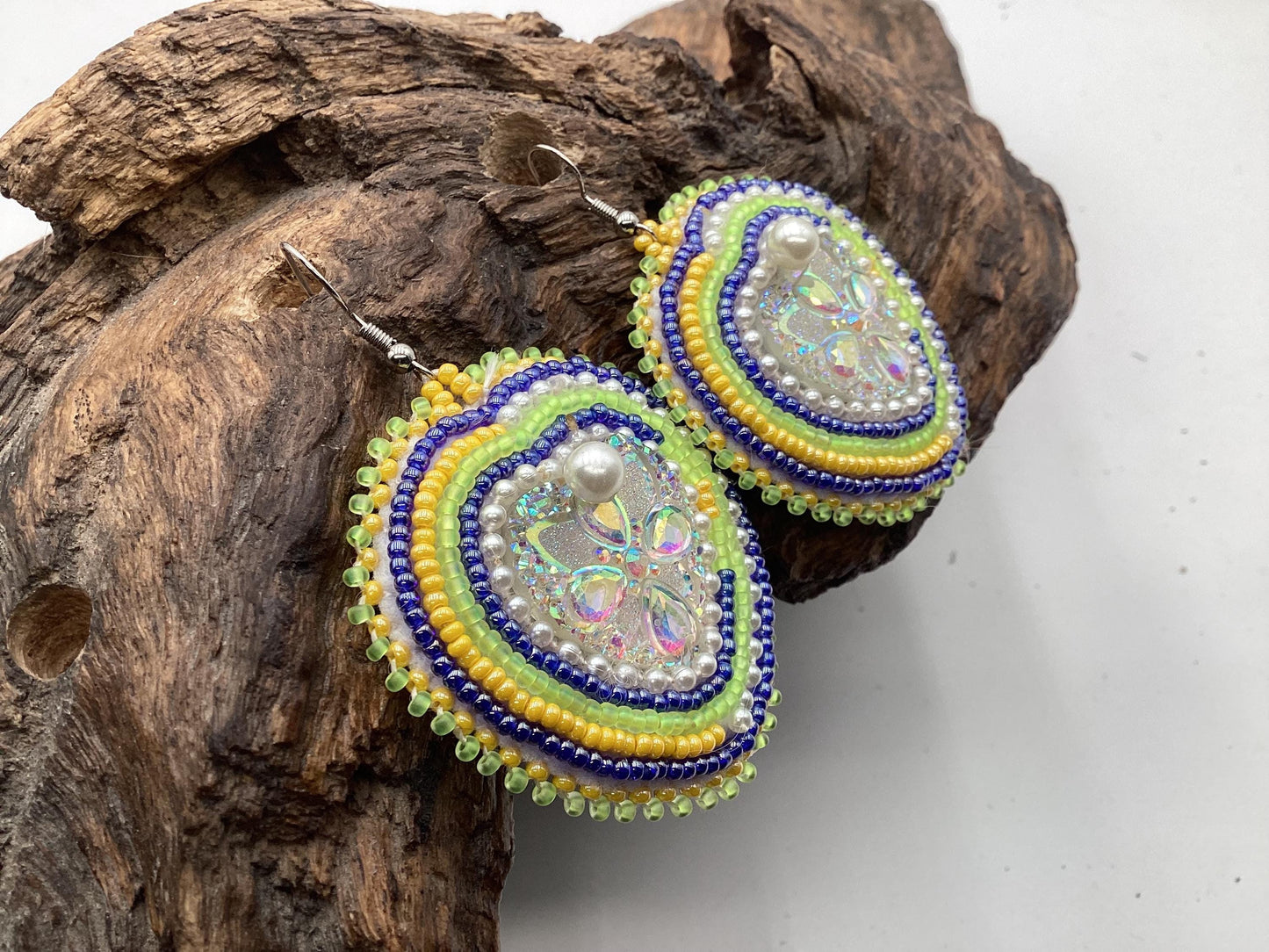 Shimmering Hand Beaded Heart Earrings- Anishinaabe/ Ojibwe Made