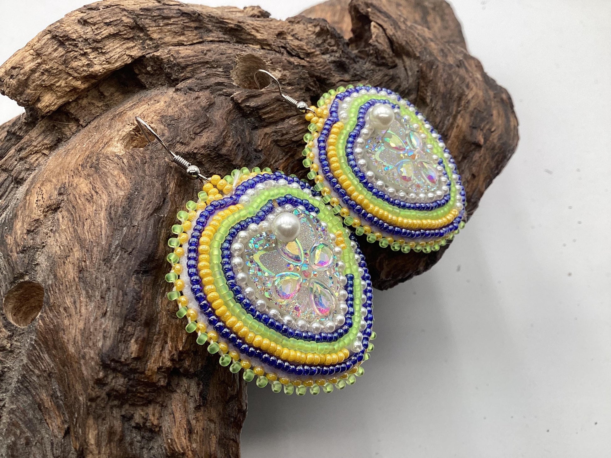 Shimmering Hand Beaded Heart Earrings- Anishinaabe/ Ojibwe Made