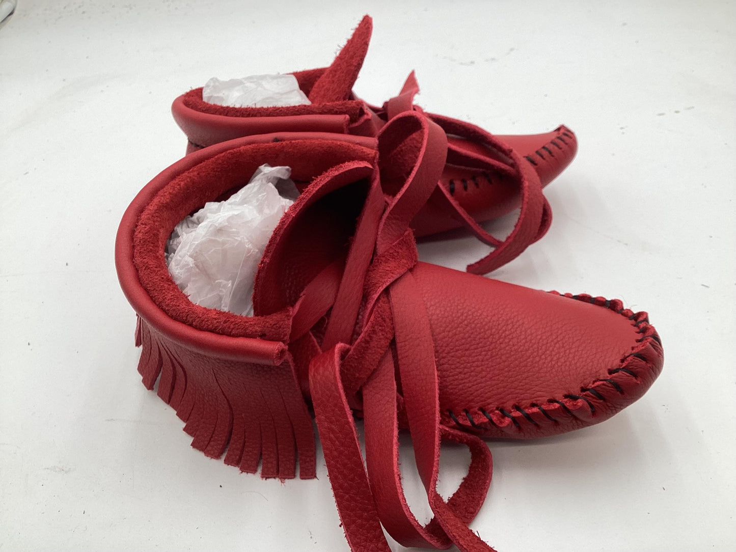 Handmade Red Leather Moccasins – Anishinaabe/Ojibwe Artisan, Size: Large
