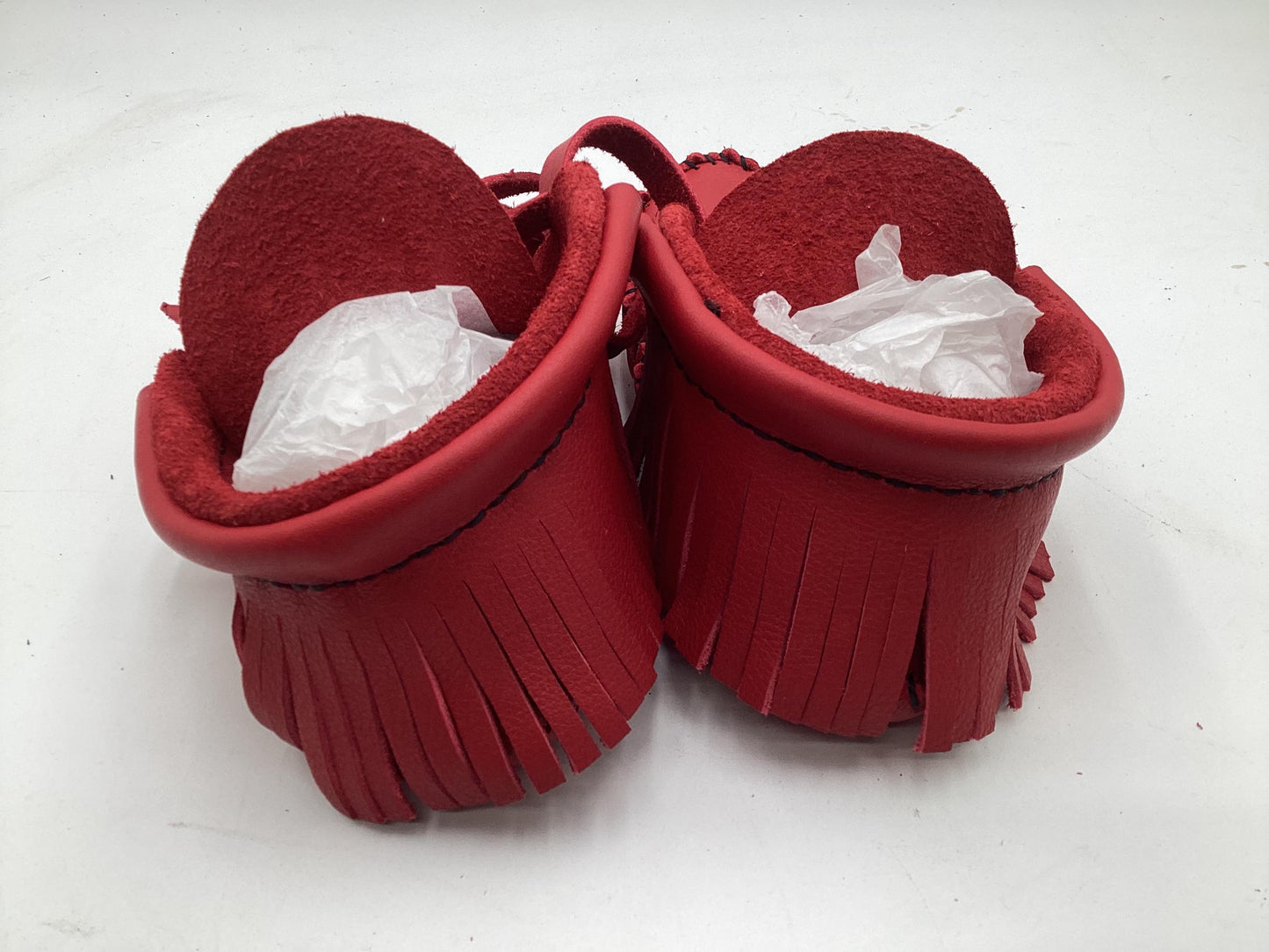 Handmade Red Leather Moccasins – Anishinaabe/Ojibwe Artisan, Size: Large