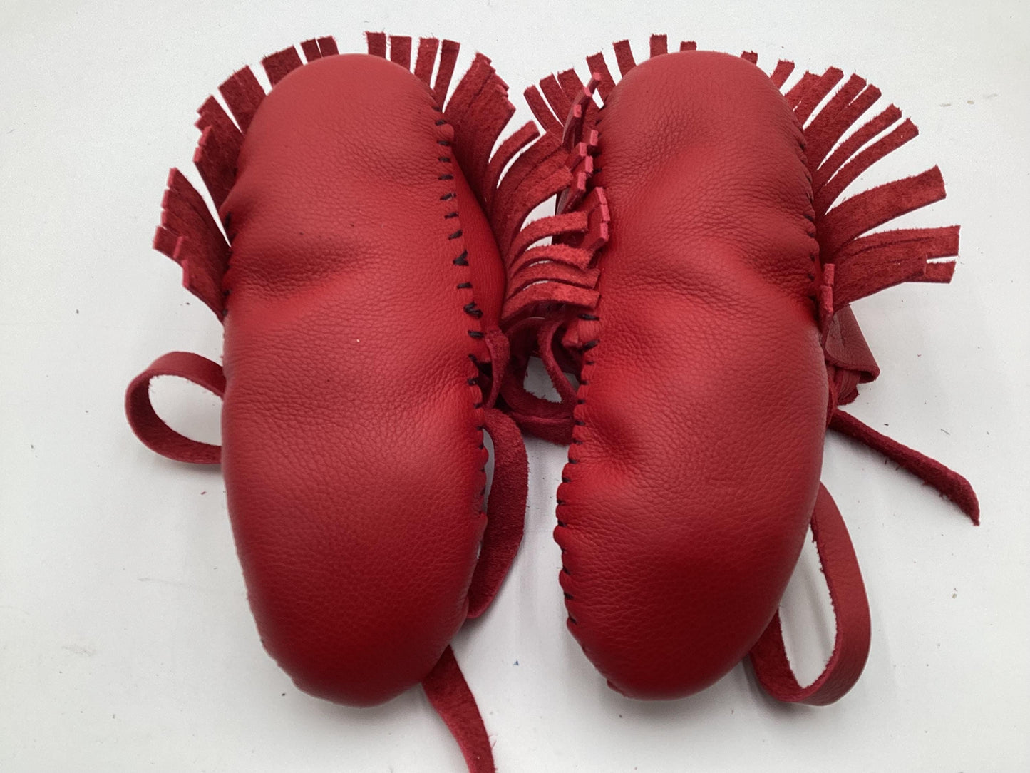 Handmade Red Leather Moccasins – Anishinaabe/Ojibwe Artisan, Size: Large
