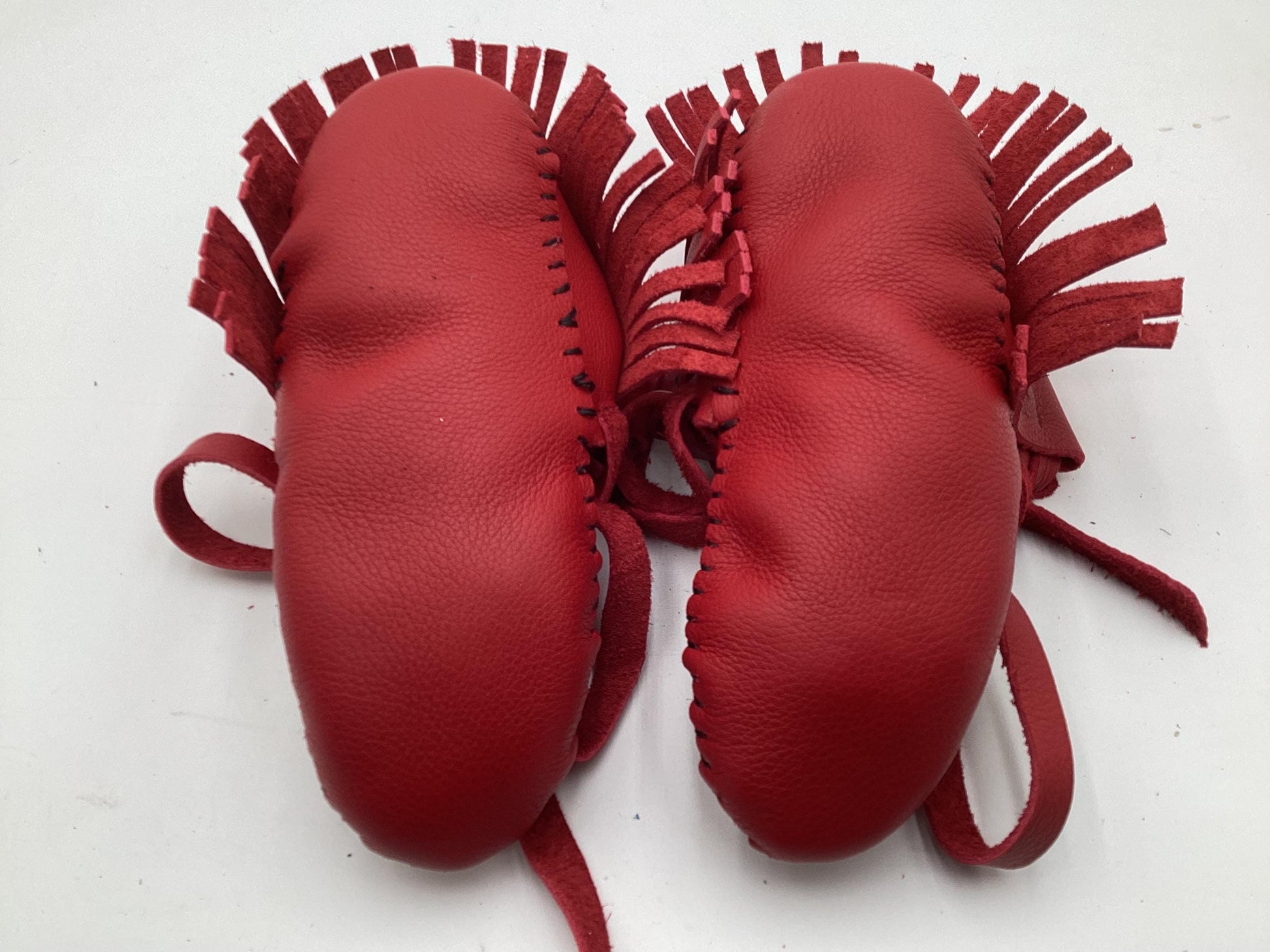 Handmade Red Leather Moccasins – Anishinaabe/Ojibwe Artisan, Size: Large