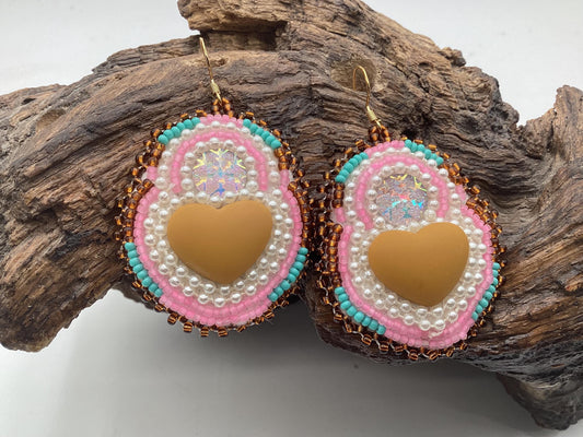 Hand Beaded Double Center Heart Earrings: Anishinaabe Ojibwe Beadwork