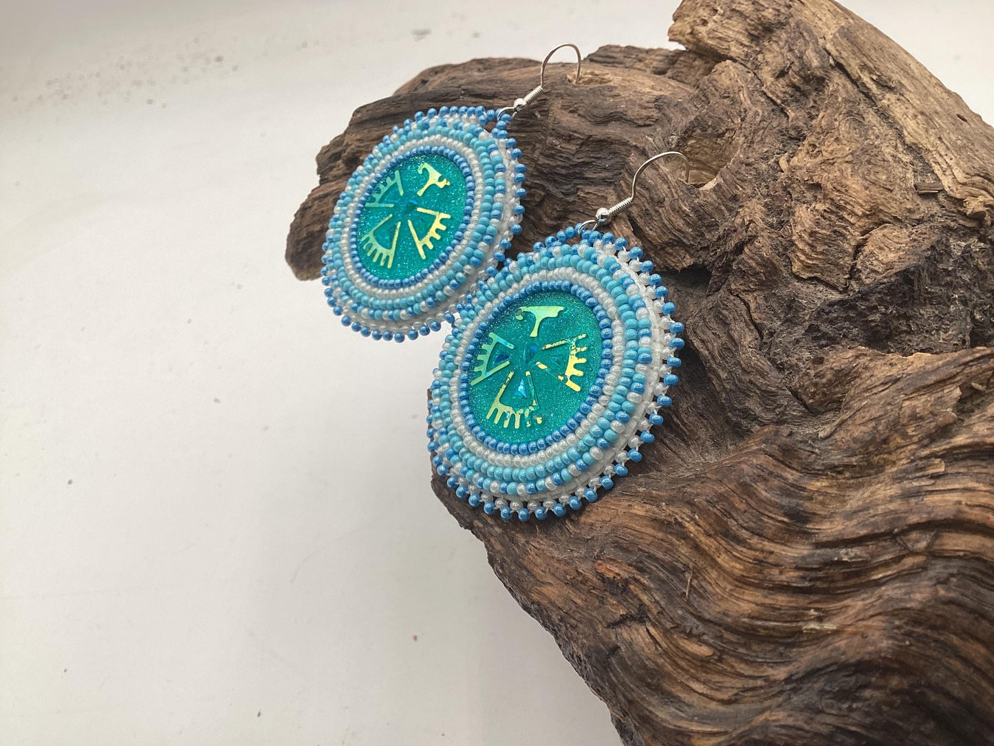 Blue Shimmering Hand Beaded Earrings- Anishinaabe/Ojibwe Beadwork