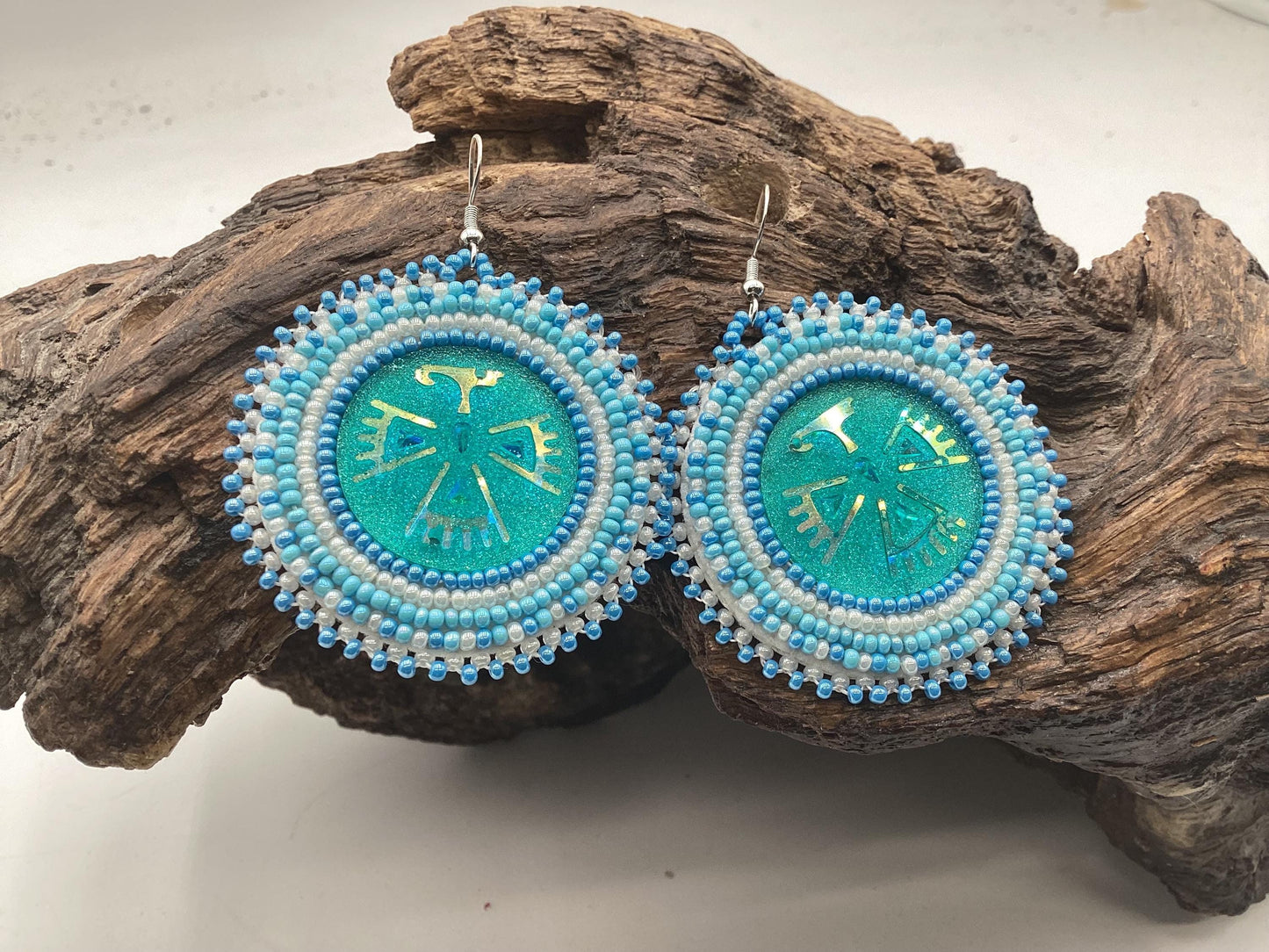 Blue Shimmering Hand Beaded Earrings- Anishinaabe/Ojibwe Beadwork