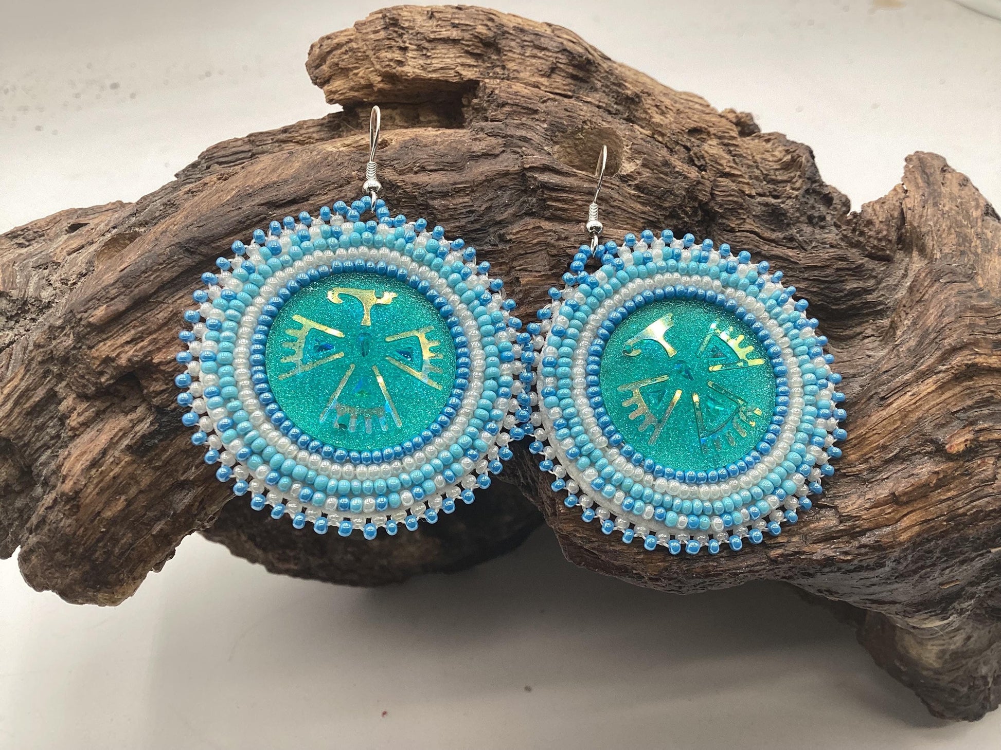 Blue Shimmering Hand Beaded Earrings- Anishinaabe/Ojibwe Beadwork