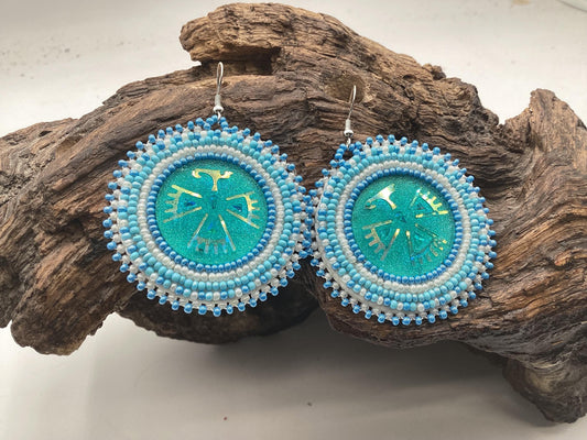 Blue Shimmering Hand Beaded Earrings- Anishinaabe/Ojibwe Beadwork