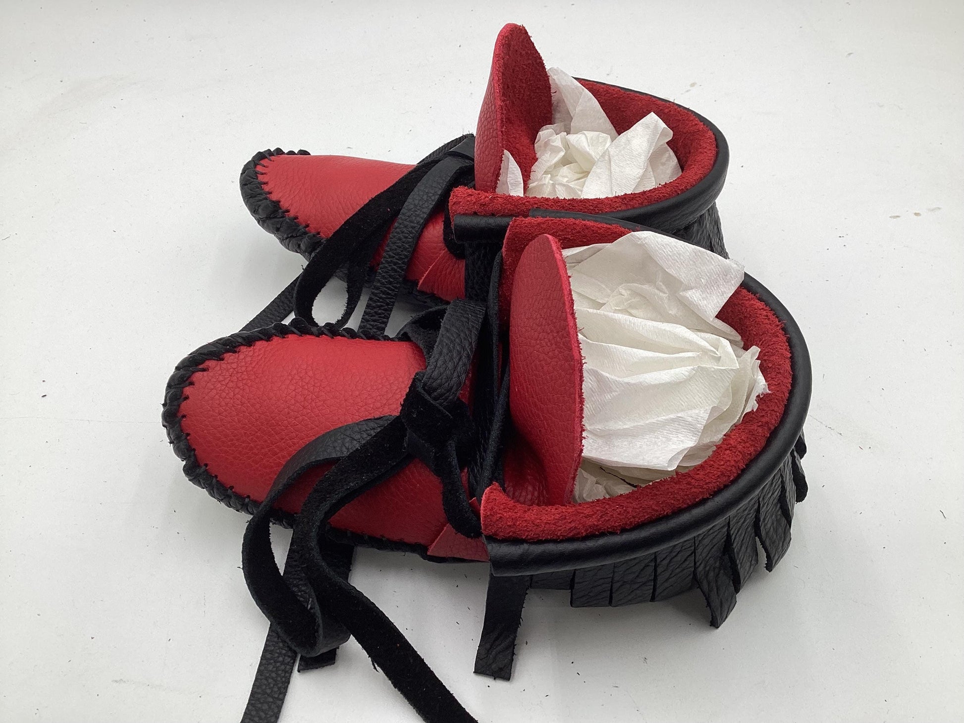 Handmade Red and Black Leather Moccasins – Anishinaabe/Ojibwe Artisan, Size: Small