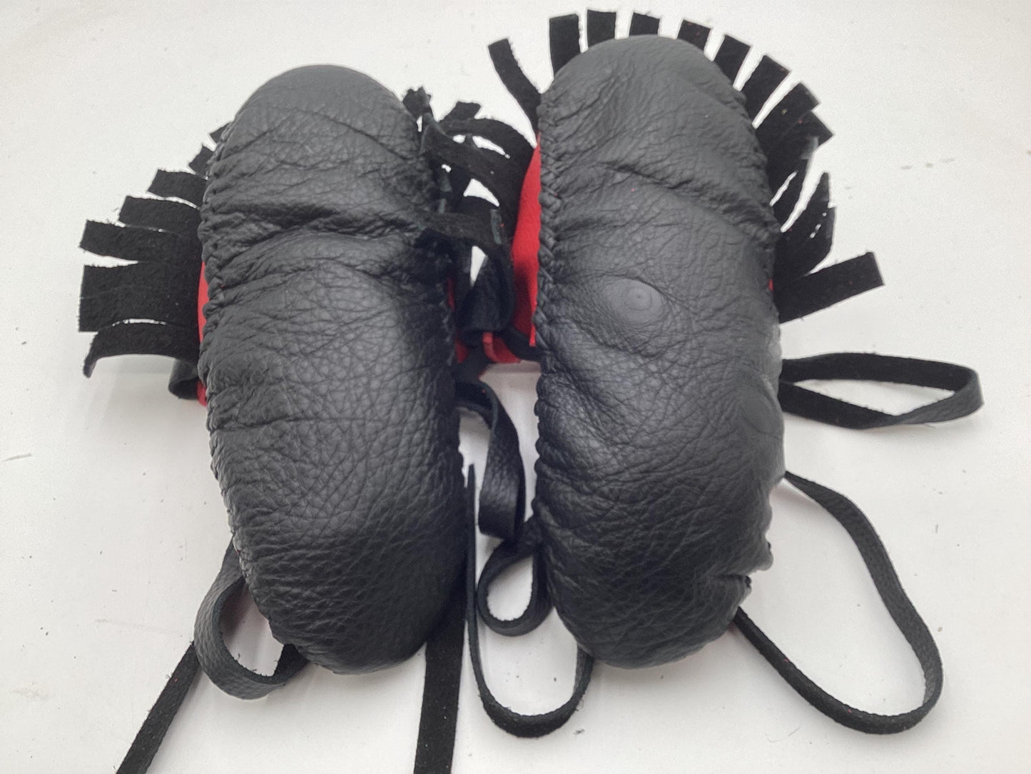 Handmade Red and Black Leather Moccasins – Anishinaabe/Ojibwe Artisan, Size: Small