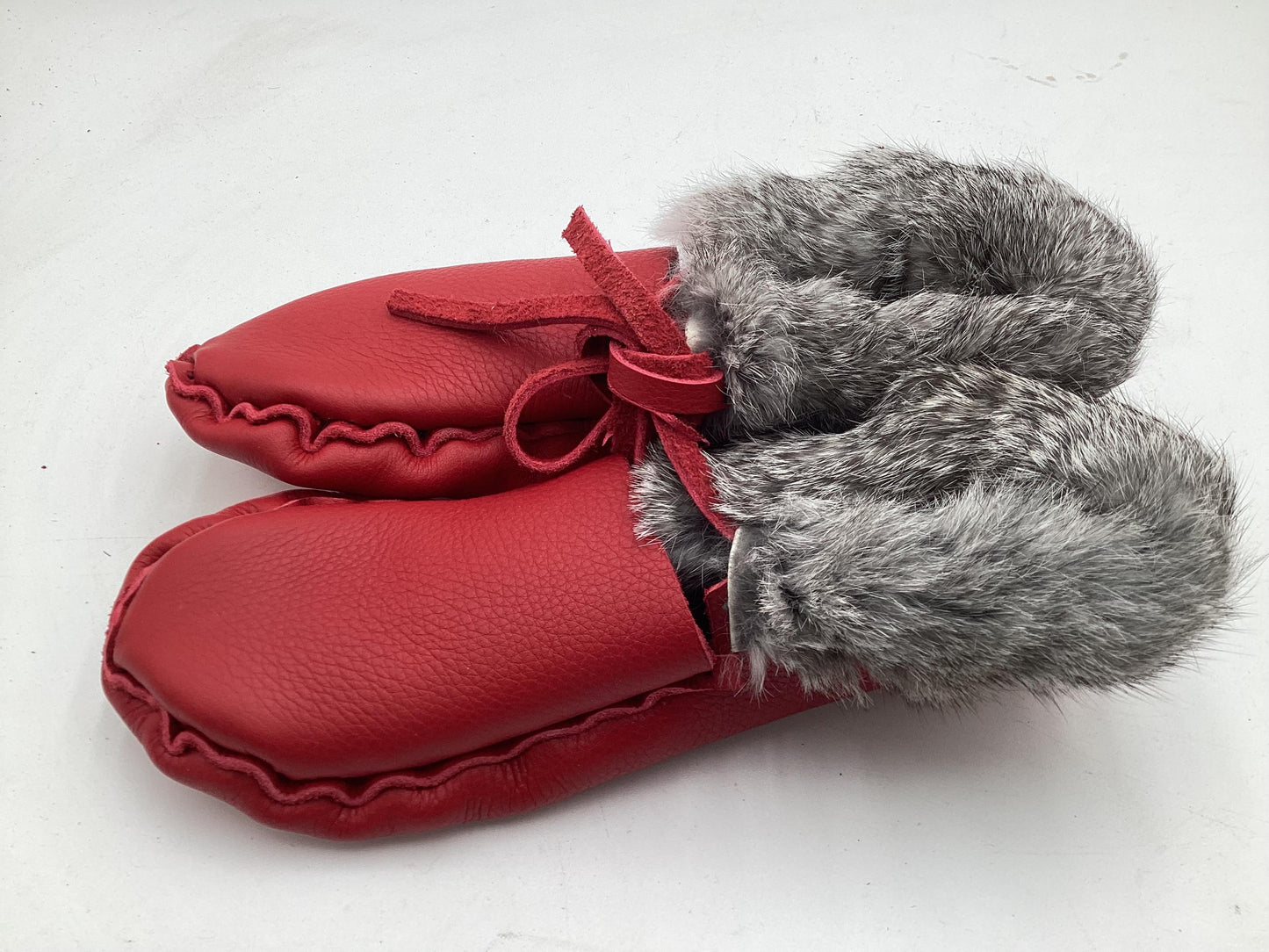 Handmade Red Leather Moccasins – Anishinaabe/Ojibwe Artisan, Size: Large
