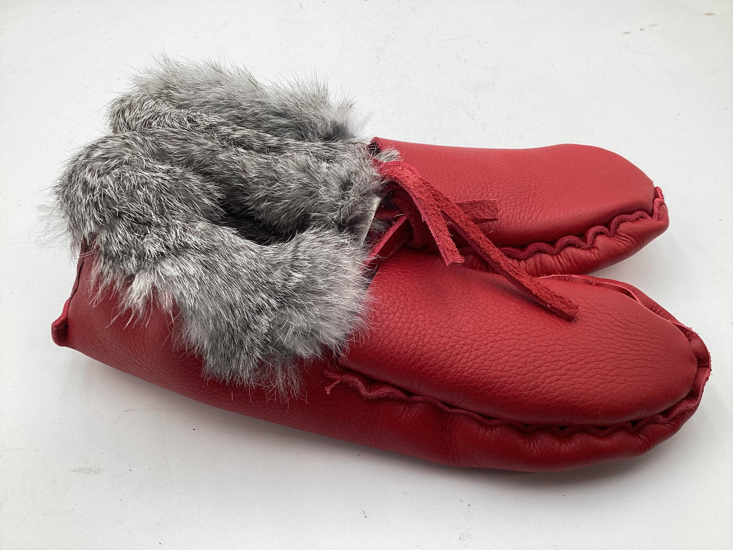 Handmade Red Leather Moccasins – Anishinaabe/Ojibwe Artisan, Size: Large