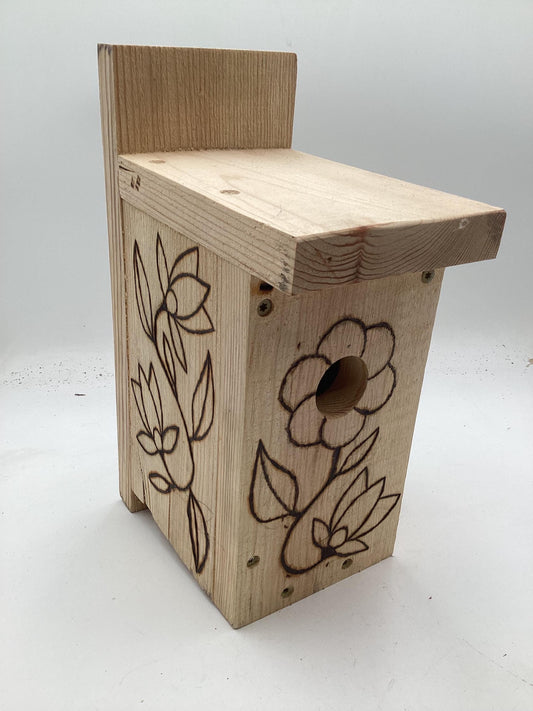 Handcrafted Wooden Bluebird House with Woodburn Flower Design - Anishinaabe/Ojibwe Artisan