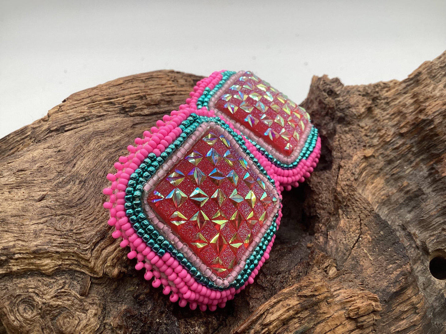 Hand Beaded Pink Square Earrings - Anishinaabe/Ojibwe Beadwork