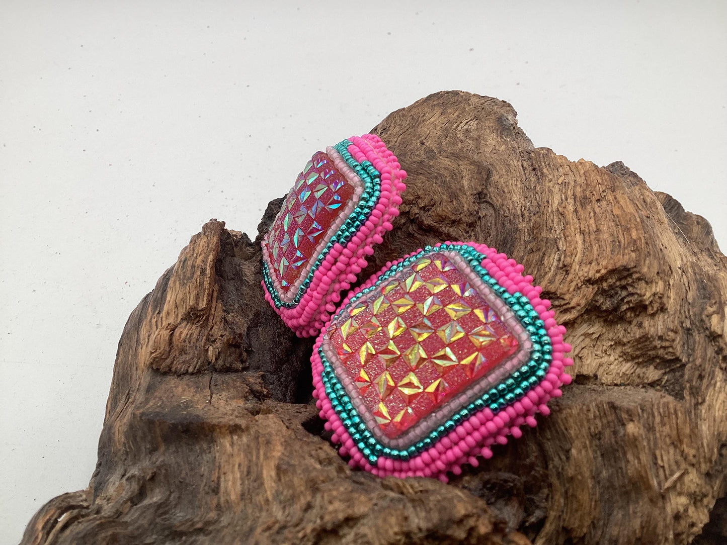 Hand Beaded Pink Square Earrings - Anishinaabe/Ojibwe Beadwork