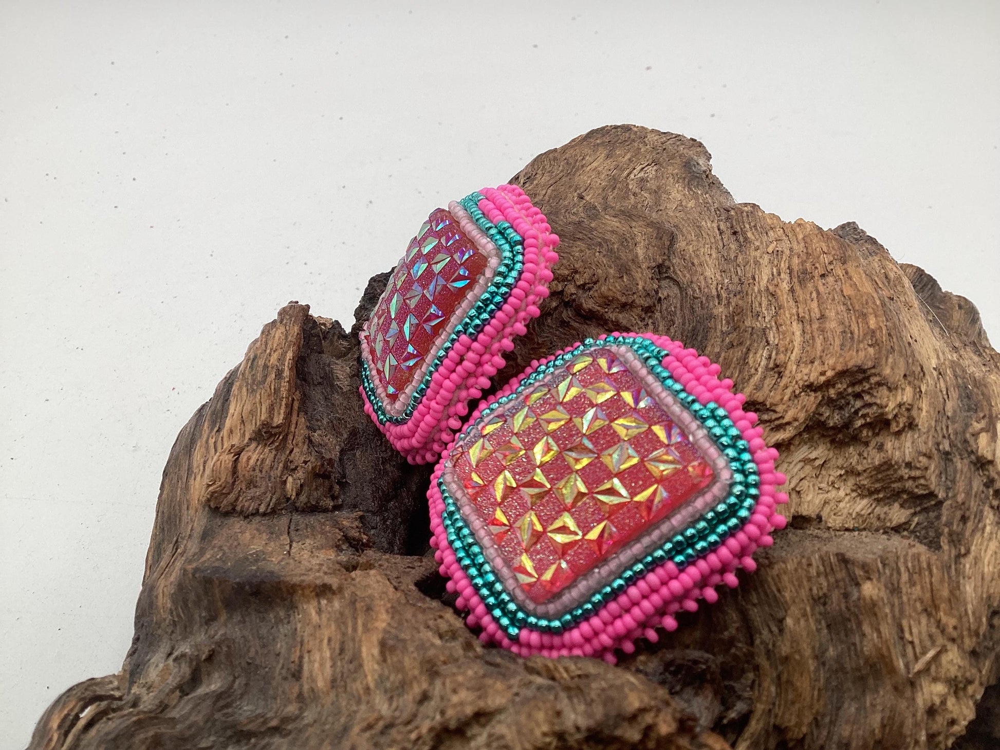 Hand Beaded Pink Square Earrings - Anishinaabe/Ojibwe Beadwork