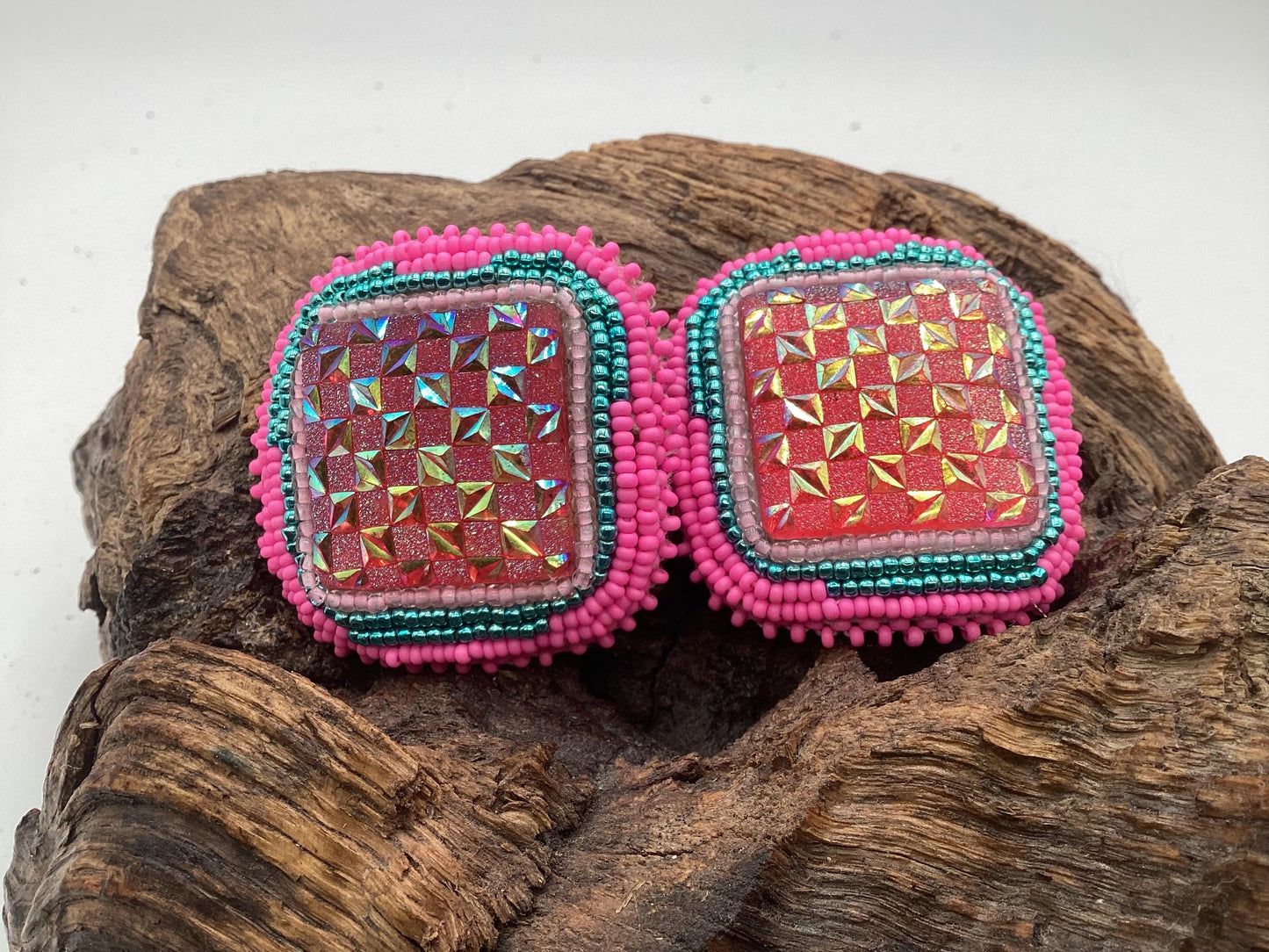 Hand Beaded Pink Square Earrings - Anishinaabe/Ojibwe Beadwork