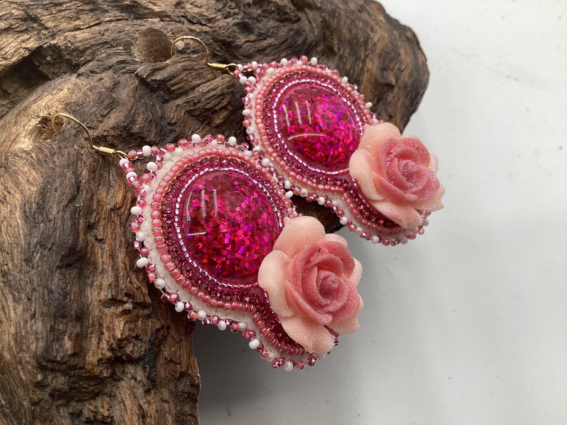 Hand Beaded Double-Centered Flower Earrings: Anishinaabe/Ojibwe Beadwork