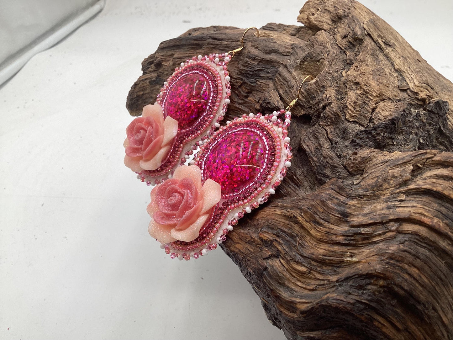 Hand Beaded Double-Centered Flower Earrings: Anishinaabe/Ojibwe Beadwork