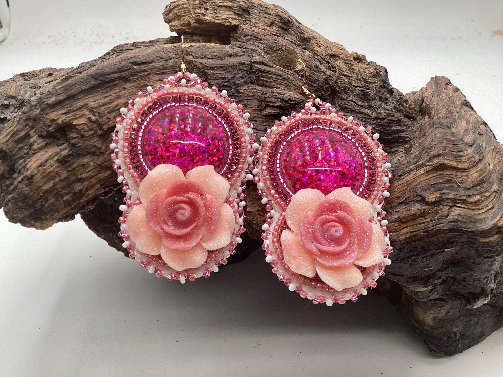 Hand Beaded Double-Centered Flower Earrings: Anishinaabe/Ojibwe Beadwork