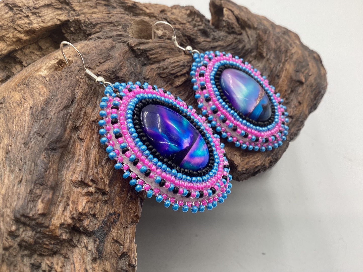Hand Beaded Northern Lights Earrings: Anishinaabe/Ojibwe Beadwork, Hypoallergenic Hooks