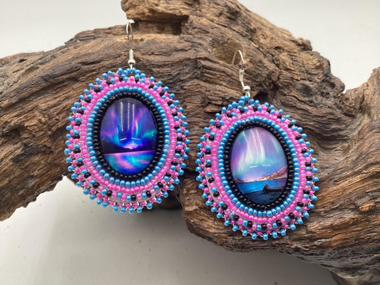 Hand Beaded Northern Lights Earrings: Anishinaabe/Ojibwe Beadwork, Hypoallergenic Hooks