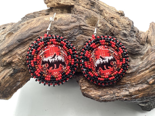 Red Indigenous Bear and Eagle Hand Beaded Earrings: Anishinaabe/Ojibwe Beadwork