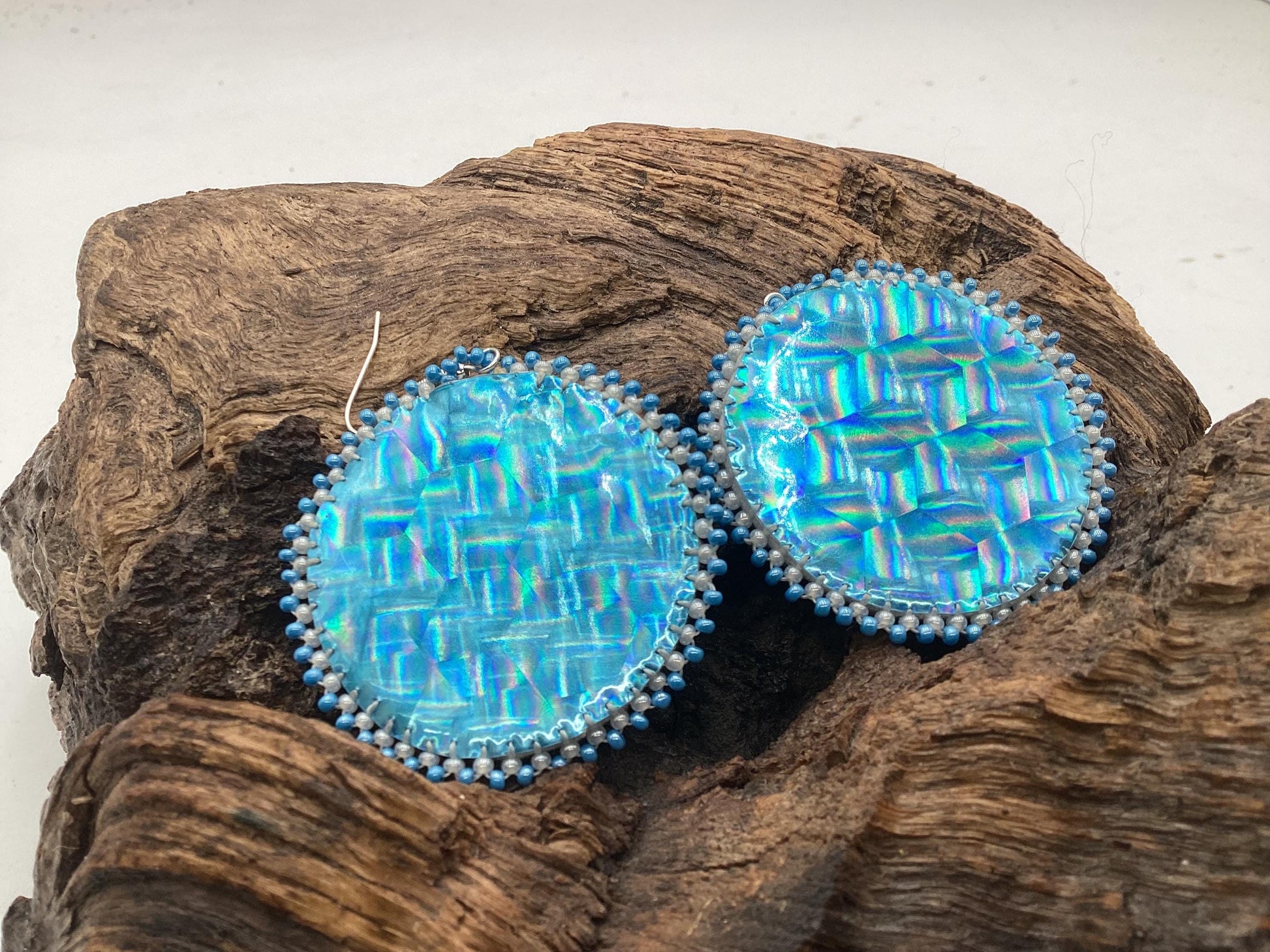 Blue Shimmering Hand Beaded Earrings- Anishinaabe/Ojibwe Beadwork