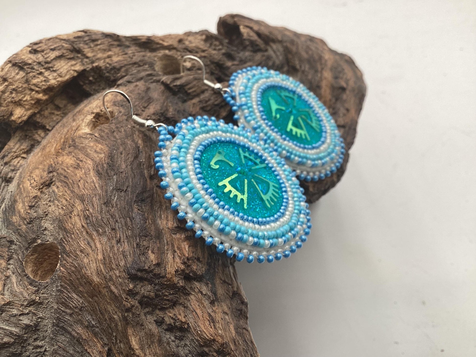 Blue Shimmering Hand Beaded Earrings- Anishinaabe/Ojibwe Beadwork