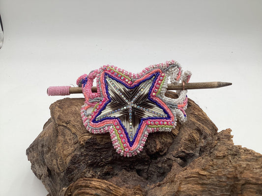 Hand Beaded and Quilled Star Hair Stick Barrette - Ojibwe/Anishinaabe Beadwork