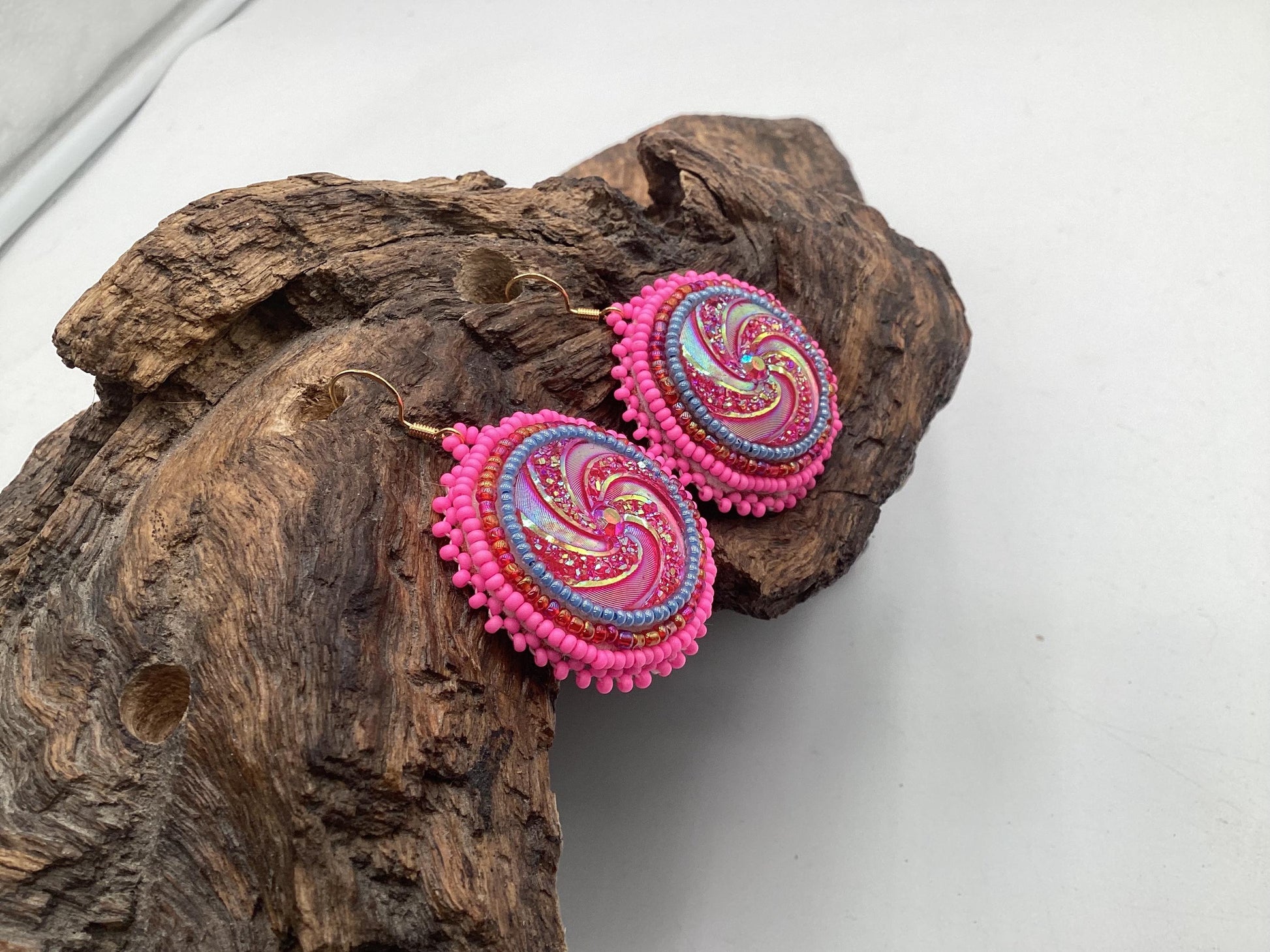 Hand Beaded Earrings: Anishinaabe/Ojibwe Beadwork, Resin Spiral