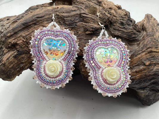 Hand Beaded Double-Centered Heart Earrings: Anishinaabe/Ojibwe Beadwork