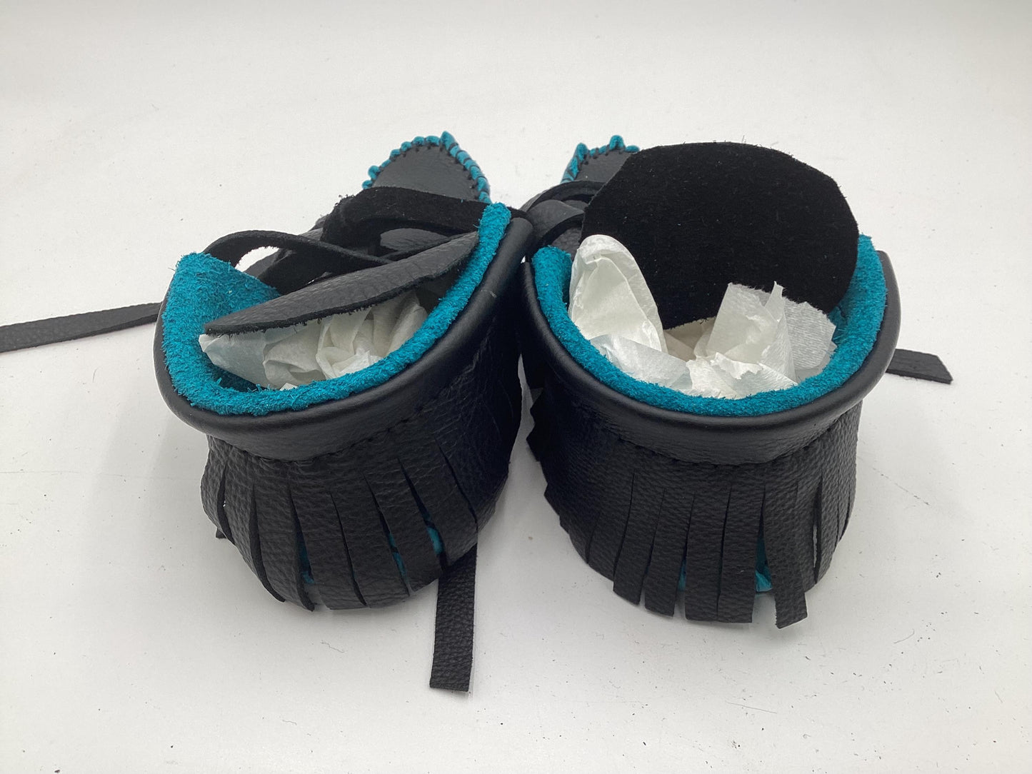 Handmade Black and Blue Leather Moccasins – Anishinaabe/Ojibwe Artisan, Size: Small
