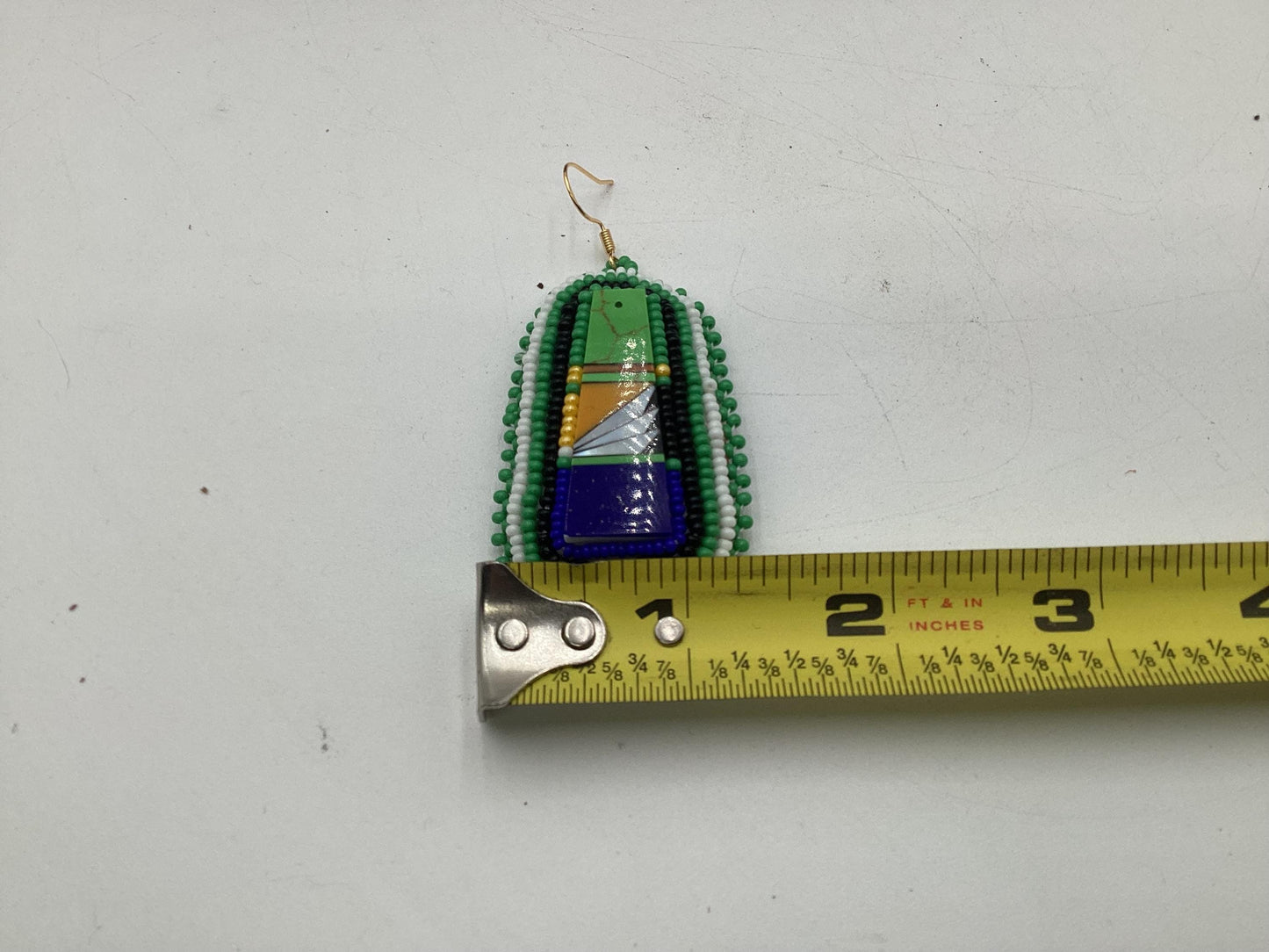 Green Hand Beaded Rectangular Earrings - Authentic Anishinaabe/Ojibwe Beadwork