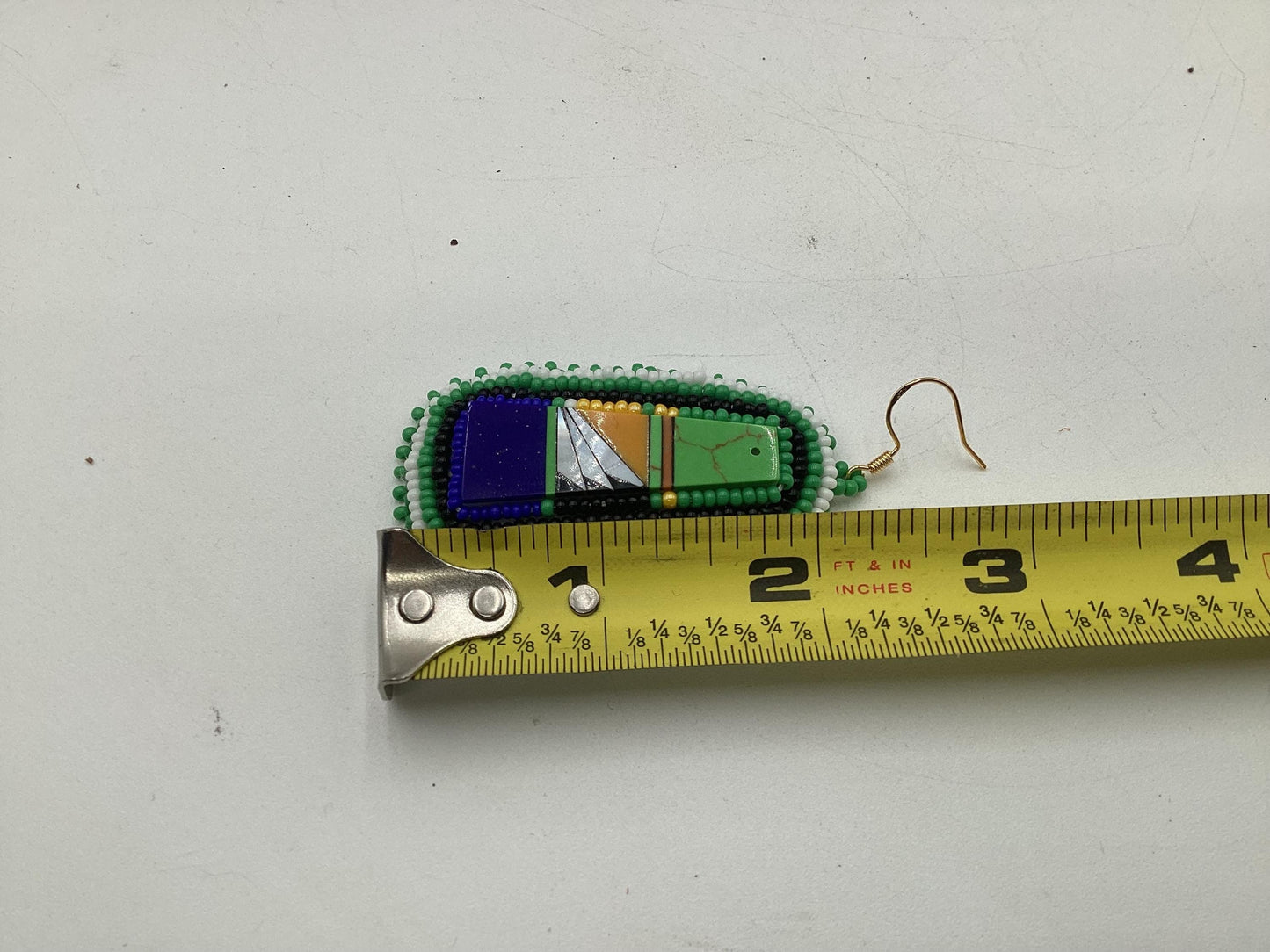 Green Hand Beaded Rectangular Earrings - Authentic Anishinaabe/Ojibwe Beadwork