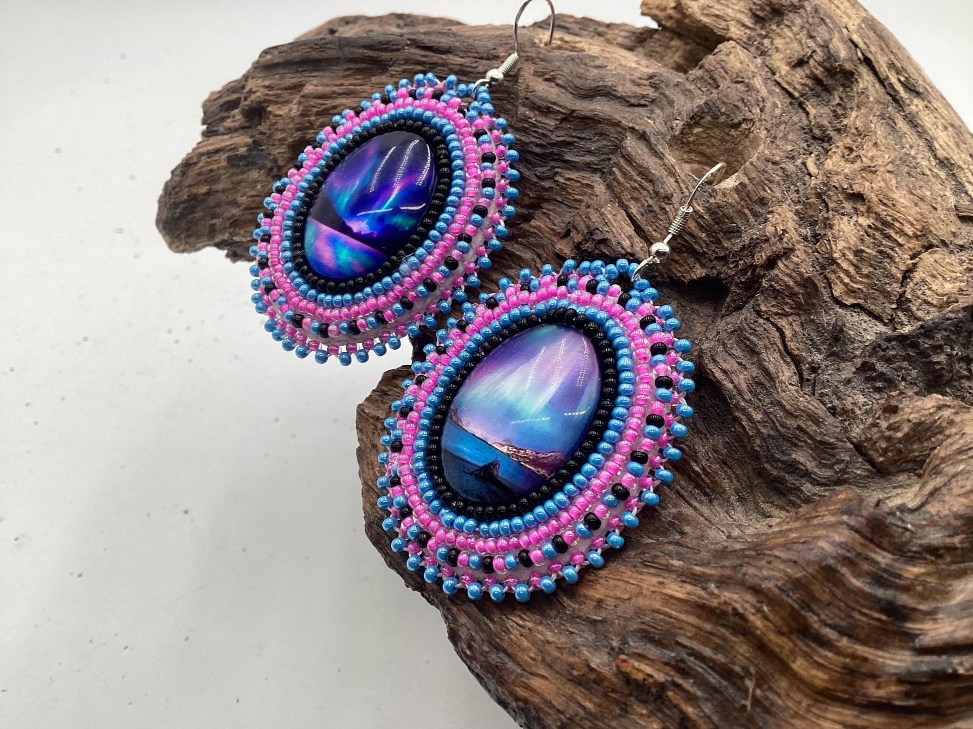 Hand Beaded Northern Lights Earrings: Anishinaabe/Ojibwe Beadwork, Hypoallergenic Hooks