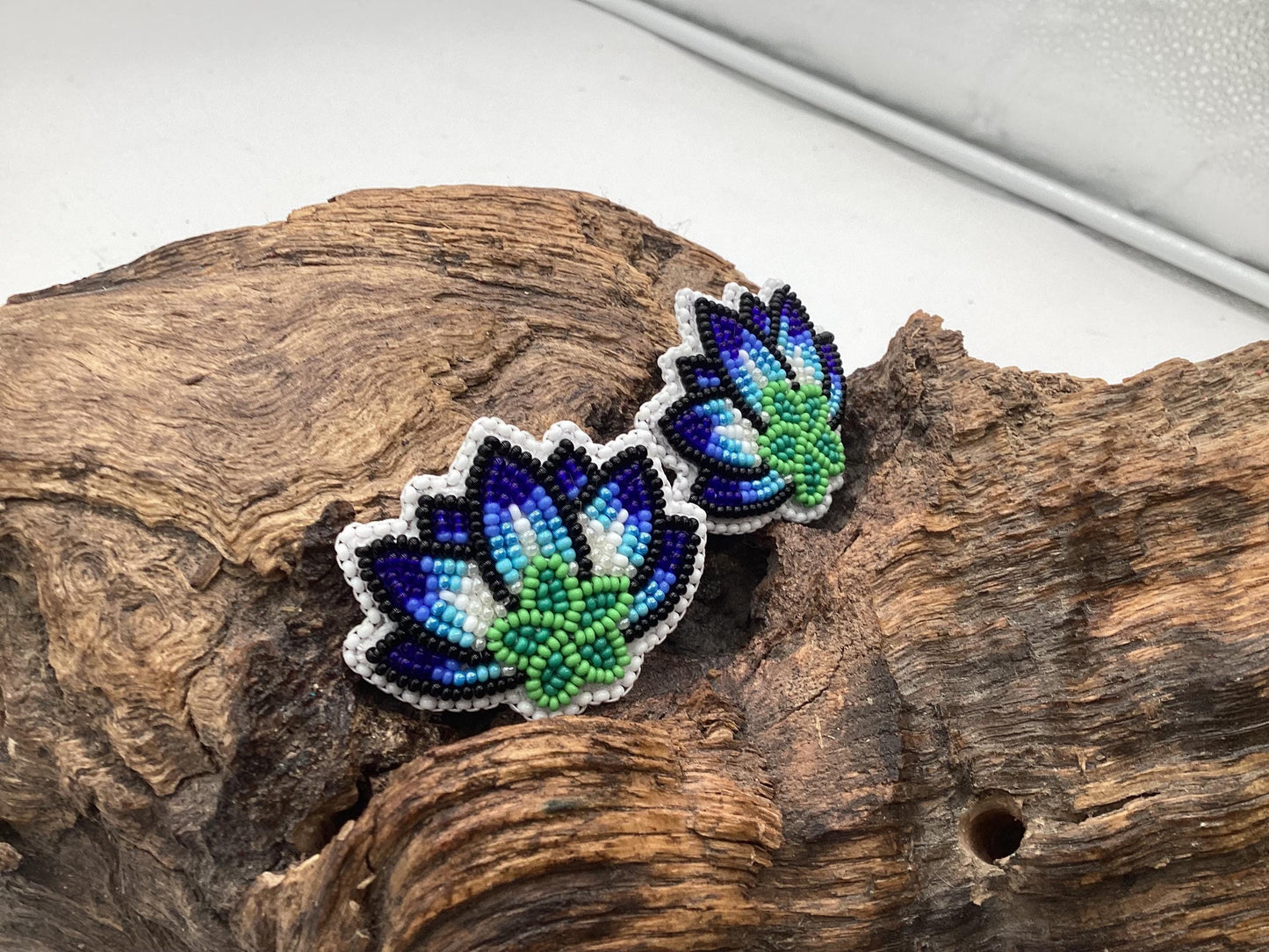 Hand Beaded Moonlite Lotus Flower Earrings: Anishinaabe/Ojibwe Design