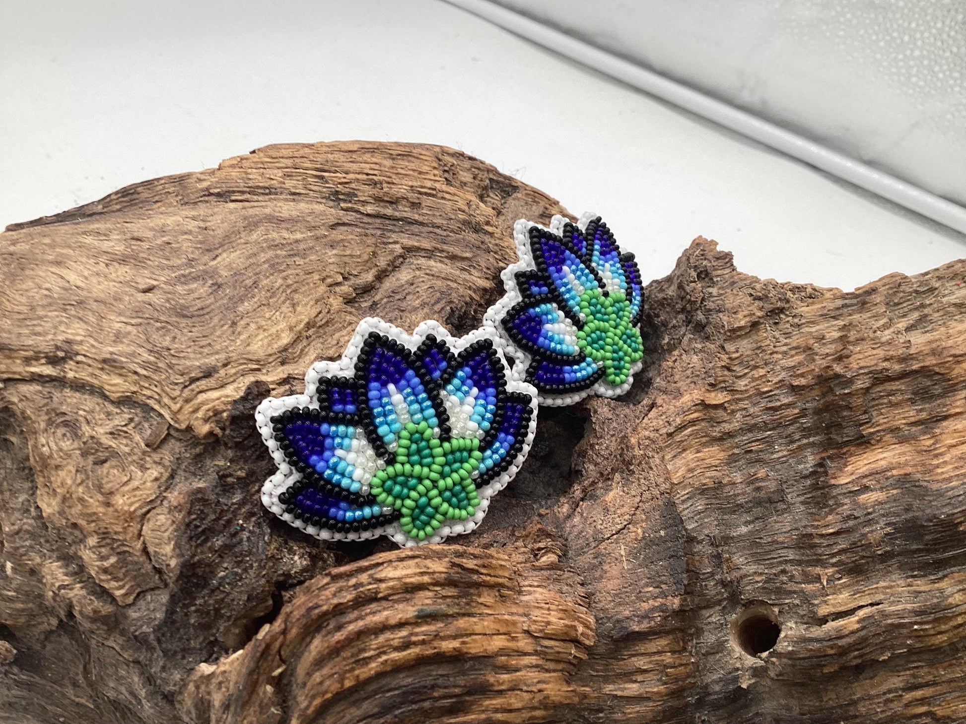 Hand Beaded Moonlite Lotus Flower Earrings: Anishinaabe/Ojibwe Design