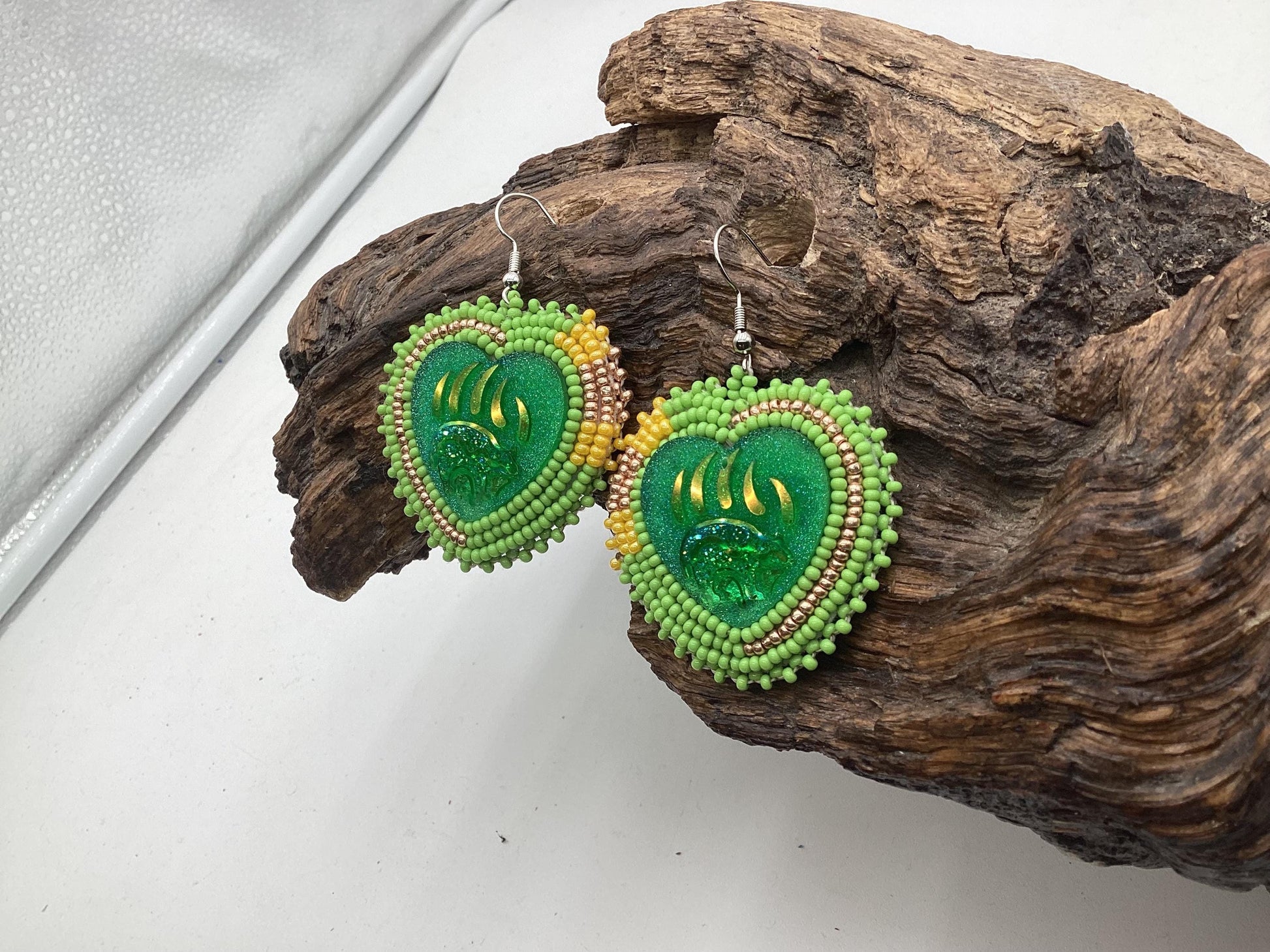 Iridescent Bear Claw Heart Shaped Beaded Earrings