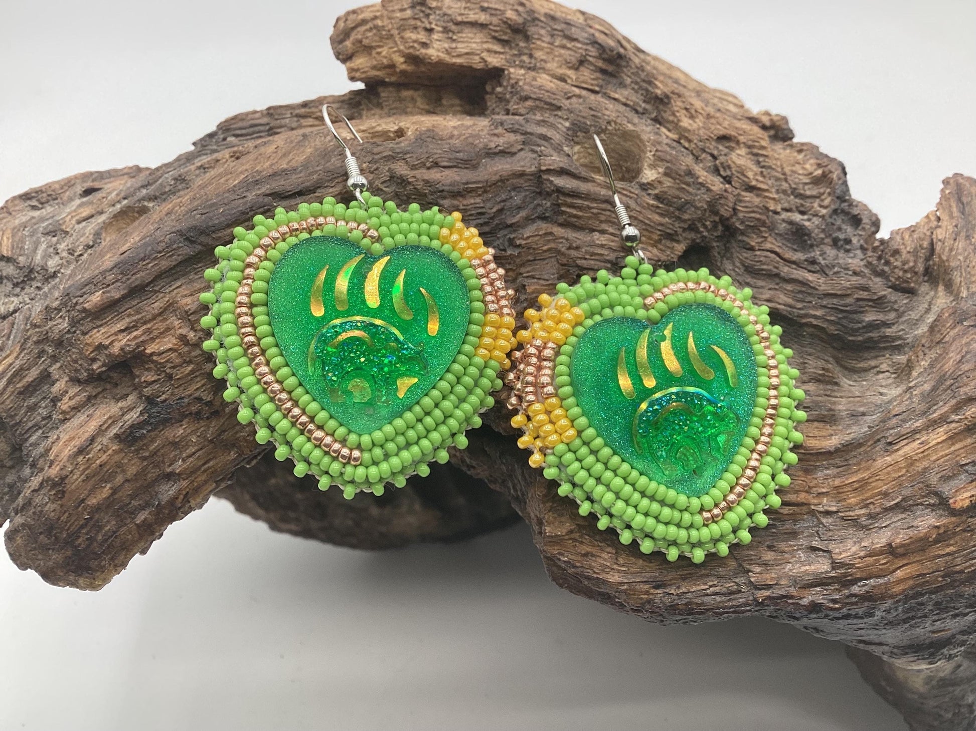 Iridescent Bear Claw Heart Shaped Beaded Earrings