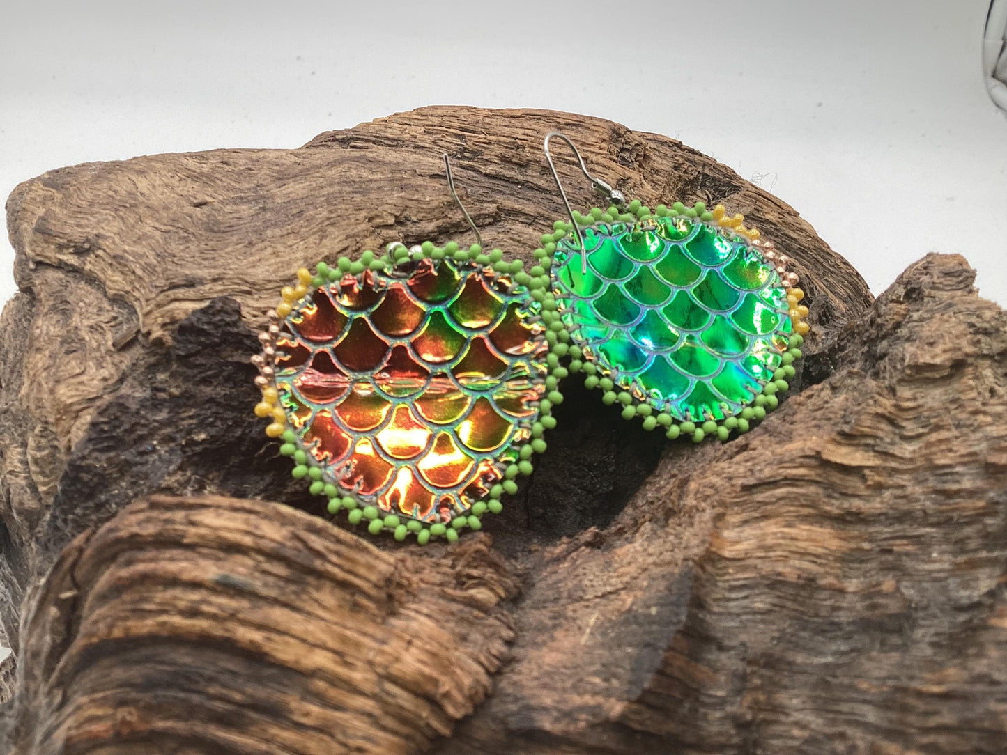 Iridescent Bear Claw Heart Shaped Beaded Earrings