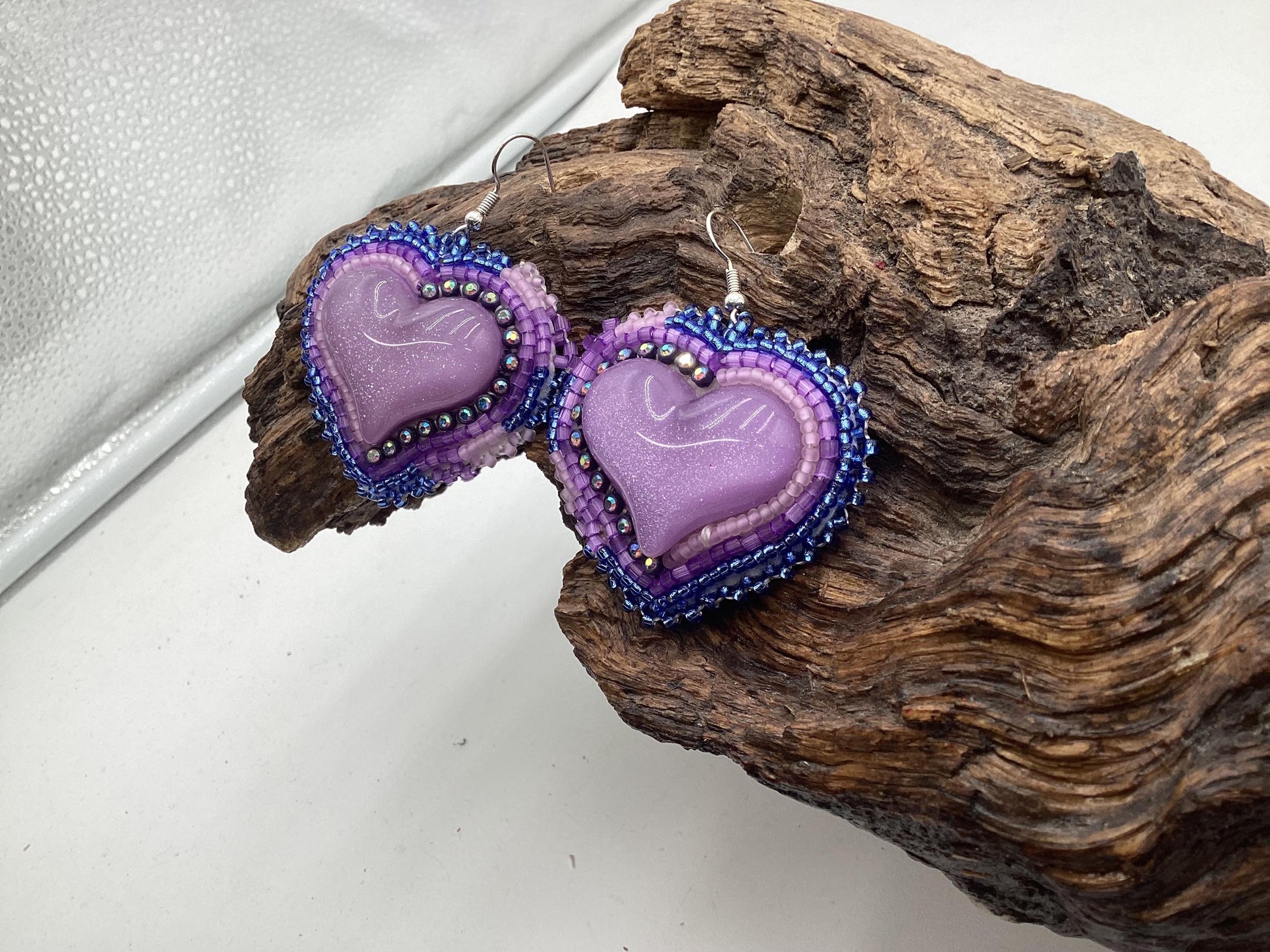 Shimmering Iridescent Purple Heart Shaped Hand Beaded Earrings - Anishinaabe/Ojibwe Beadwork